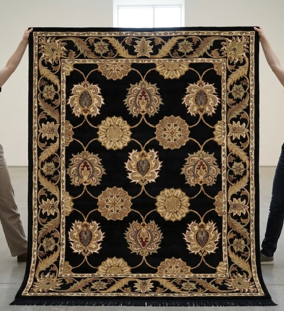 Handtufted Traditional Persian Floral Rug in Jet Black and Gold