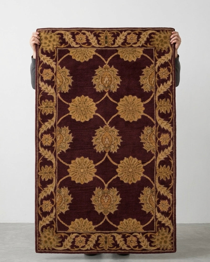 Traditional Burgundy and Gold Floral Hand-Tufted Wool Area Rug
