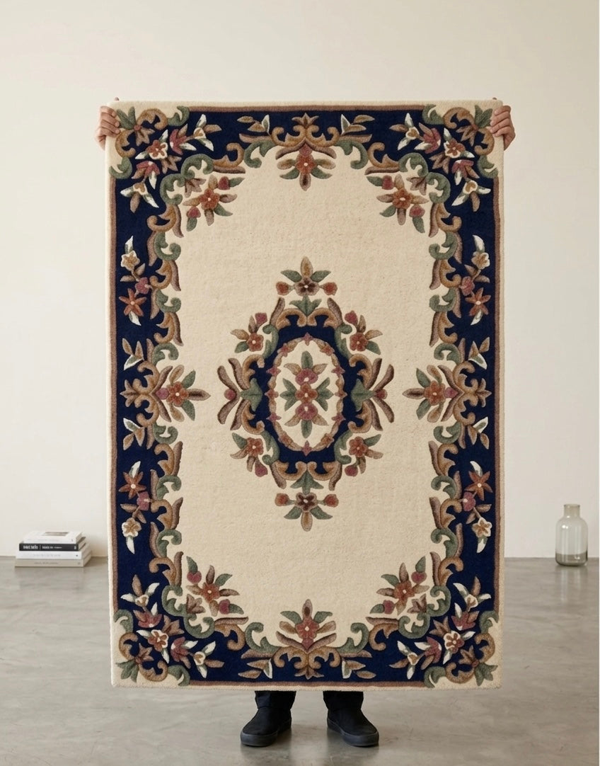 Premium Handtufted Botanical Border Rug with Navy Accent Medallion
