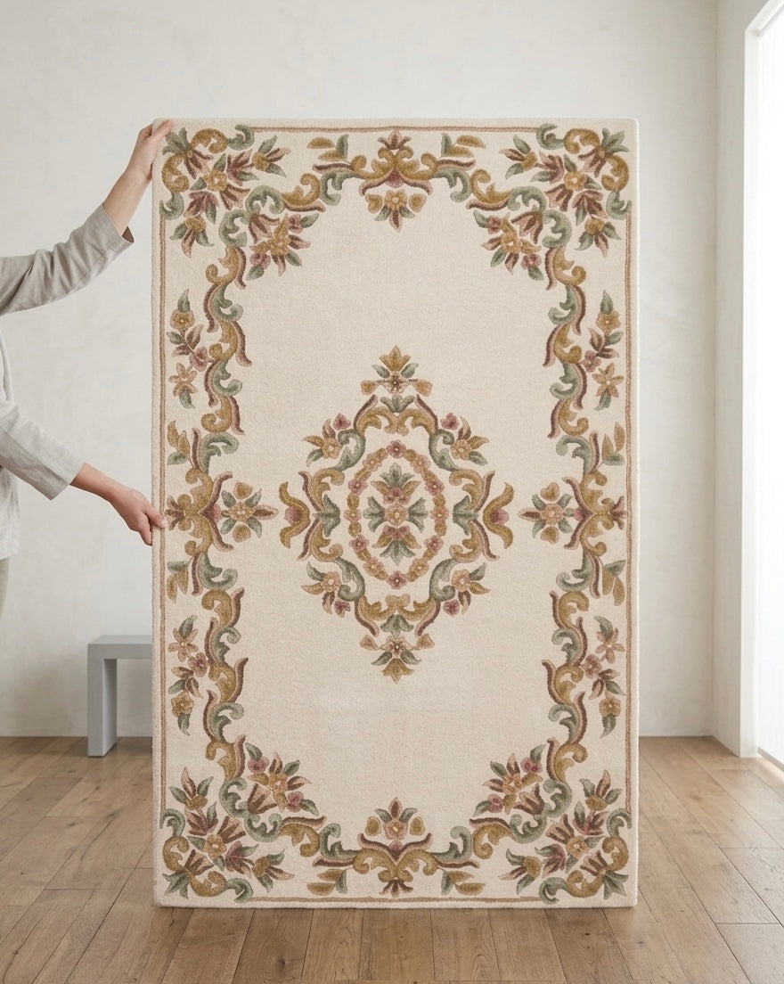 Hand-Tufted Premium Wool Rug - French Provencal Medallion Design in Cream & Sage