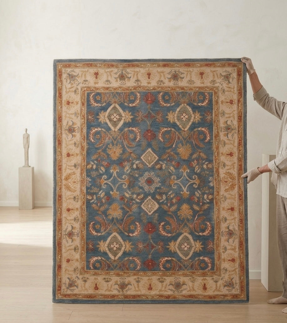 Hand-Tufted Traditional Floral Wool Rug - Slate Blue & Ochre Medallion Area Rug