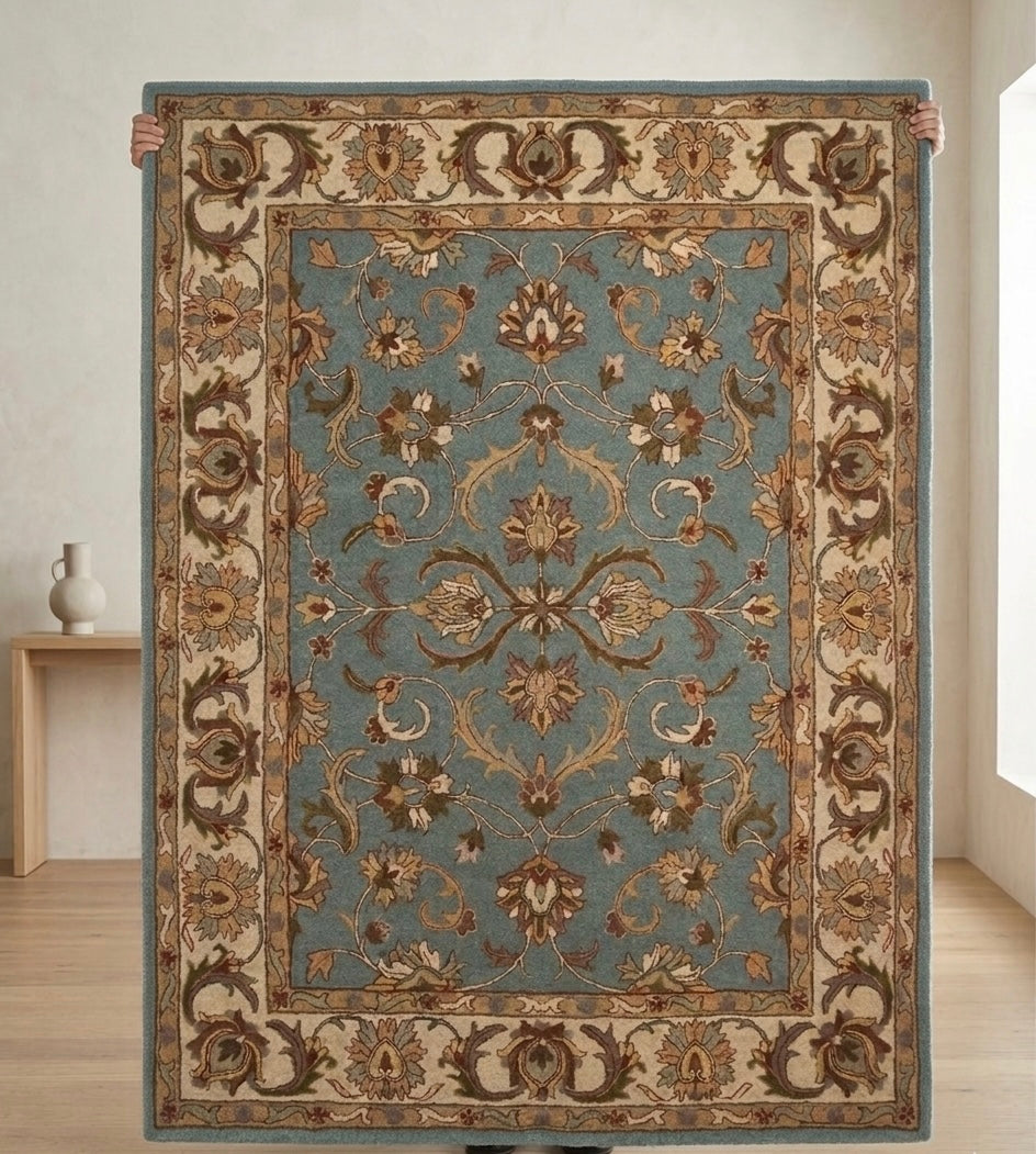 Hand-tufted Traditional Floral Wool Rug in Slate Blue and Ochre