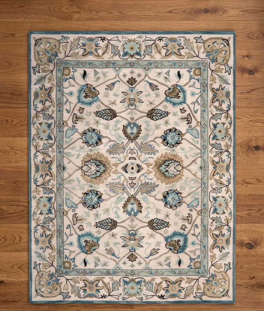 Handtufted Floral Oushak Style Wool Area Rug in Cream and Slate Blue