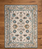 Handtufted Floral Oushak Style Wool Area Rug in Cream and Slate Blue
