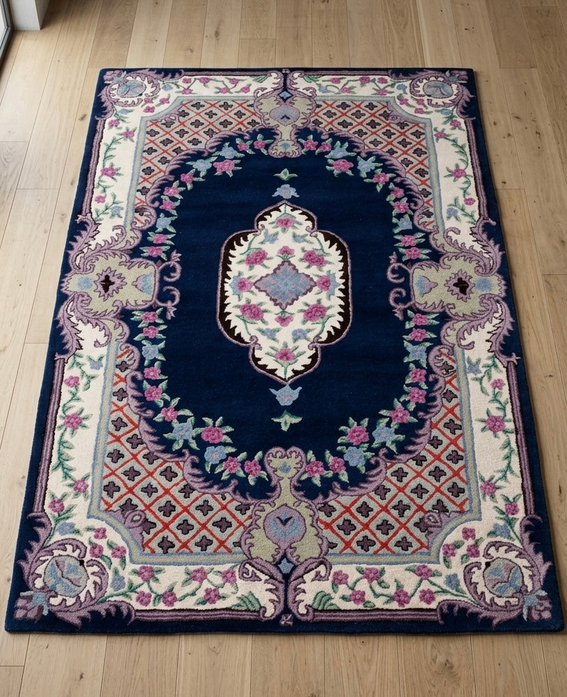 Premium Floral Medallion Hand-tufted Rug in Navy and Lavender
