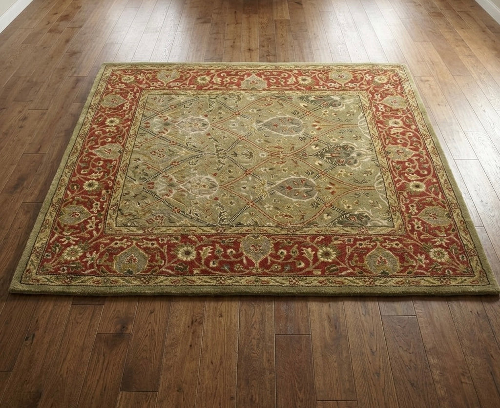 Hand-Tufted Classic Oushak Style Wool Rug with Sage and Rust Floral Motif