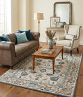 Handtufted Floral Oushak Style Wool Area Rug in Cream and Slate Blue