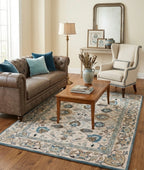 Handtufted Floral Oushak Style Wool Area Rug in Cream and Slate Blue