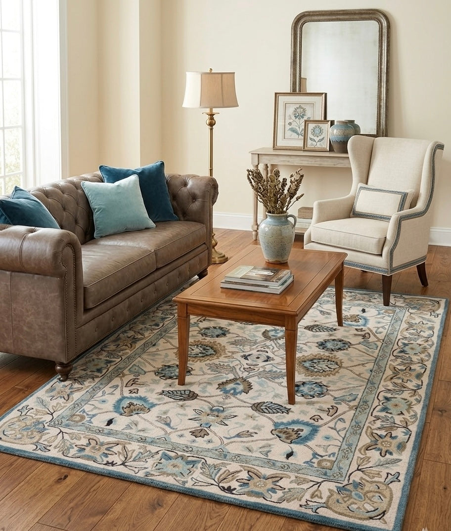 Handtufted Floral Oushak Style Wool Area Rug in Cream and Slate Blue