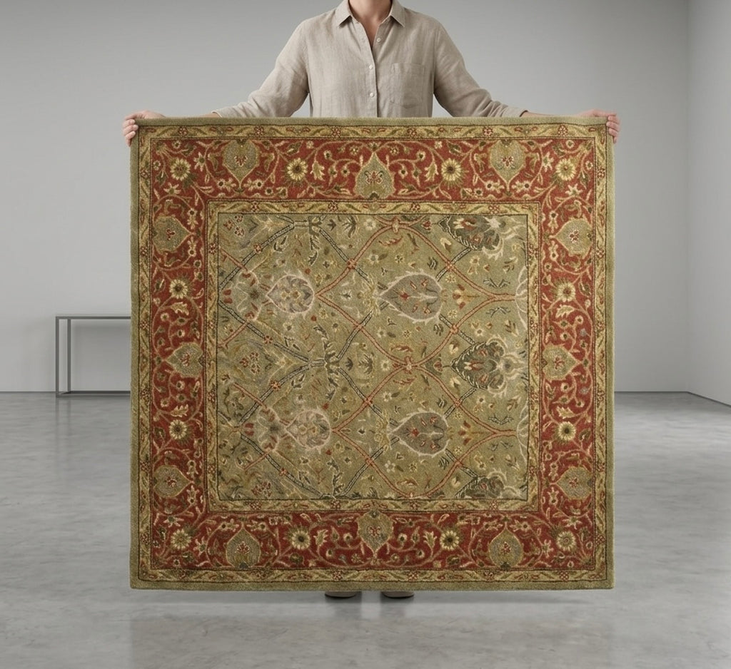 Hand-Tufted Classic Oushak Style Wool Rug with Sage and Rust Floral Motif