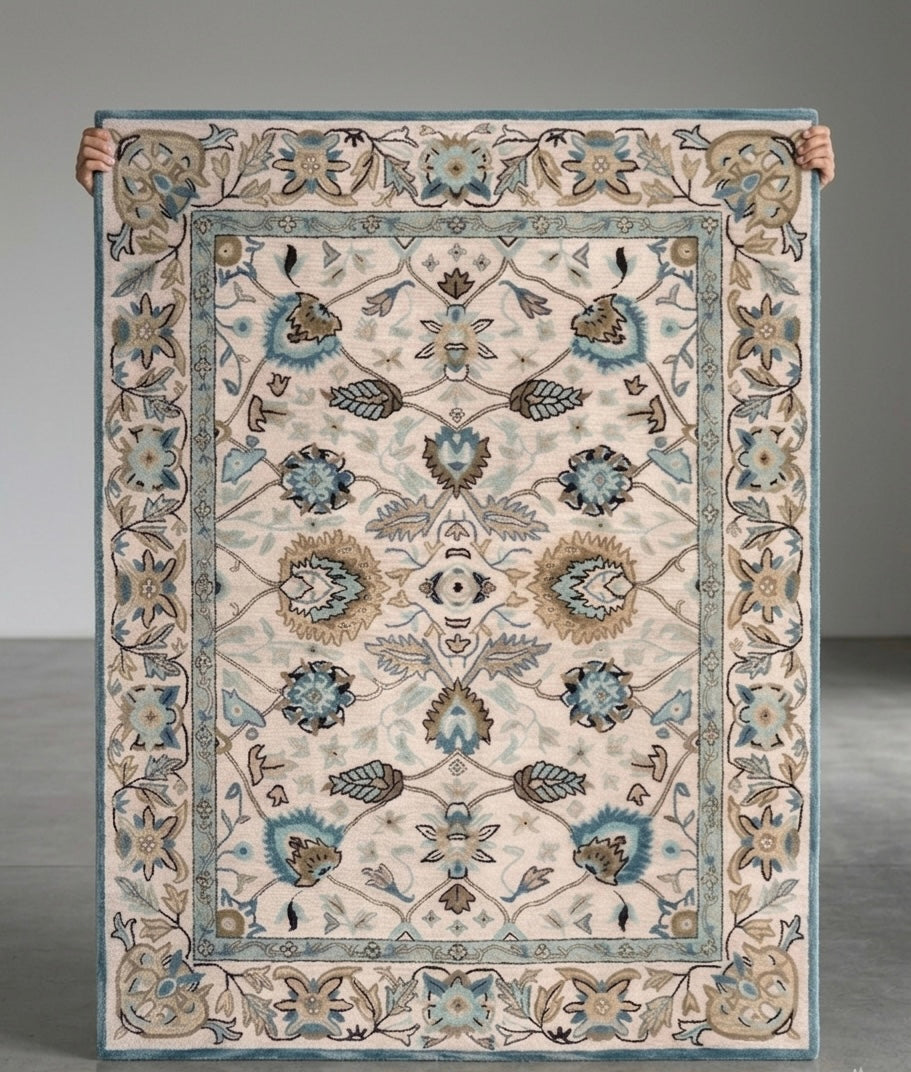 Handtufted Floral Oushak Style Wool Area Rug in Cream and Slate Blue