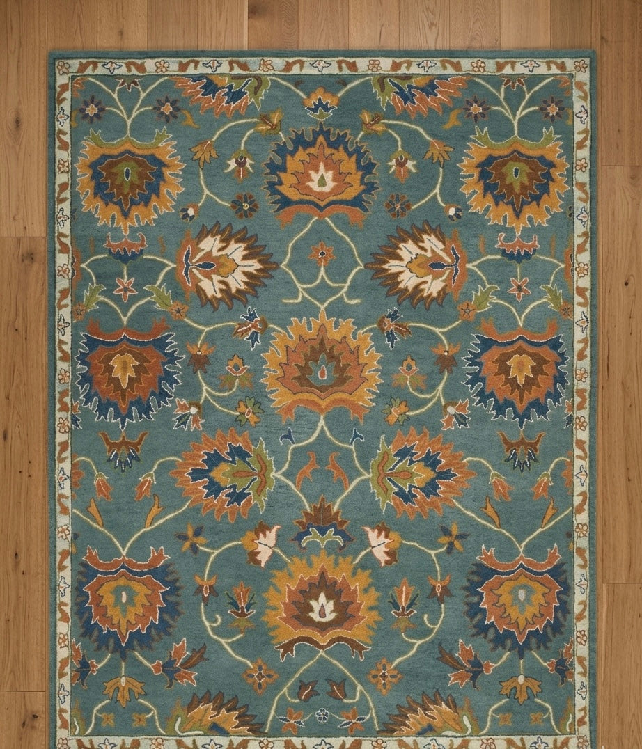 Vintage Elegance Hand-Tufted Floral Rug - Blue & Rust Accents