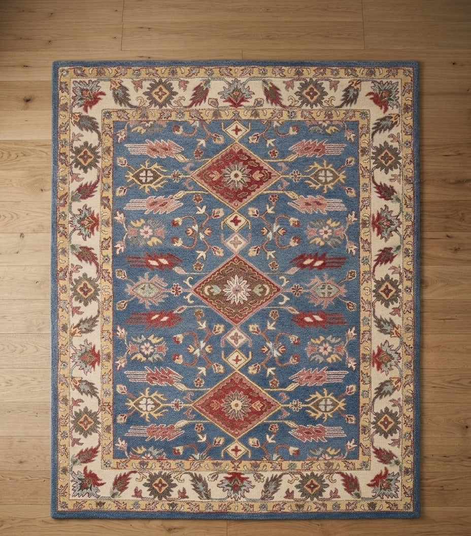 Hand-Tufted Serapi Style Blue & Terracotta Geometric Medallion Rug