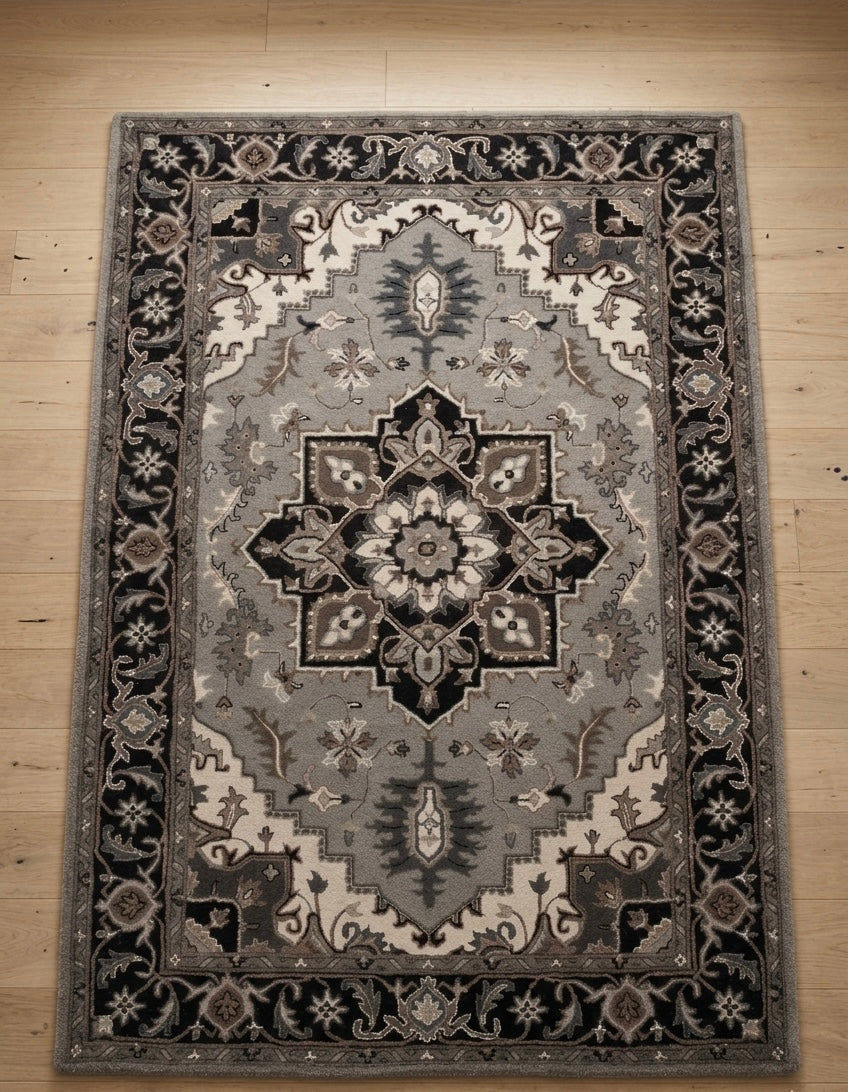 Hand-Tufted Modern Persian Medallion Rug in Grey and Charcoal