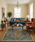 Vintage Elegance Hand-Tufted Floral Rug - Blue & Rust Accents