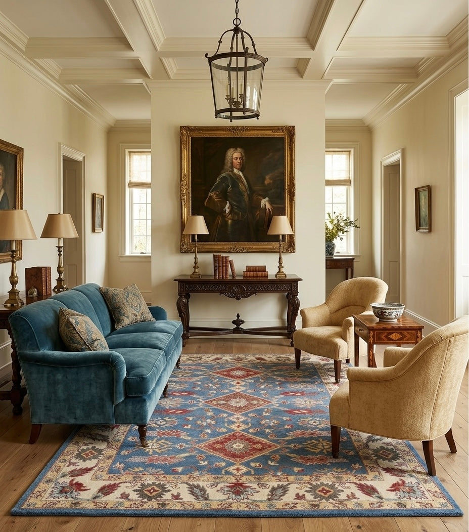 Hand-Tufted Serapi Style Blue & Terracotta Geometric Medallion Rug