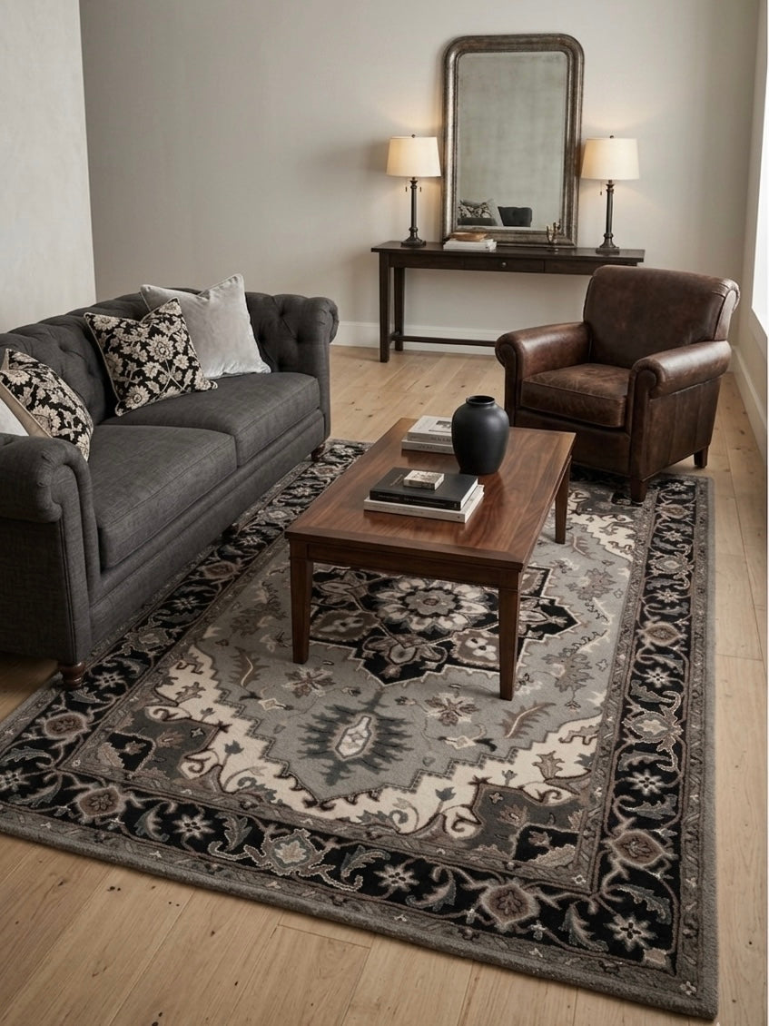 Hand-Tufted Modern Persian Medallion Rug in Grey and Charcoal