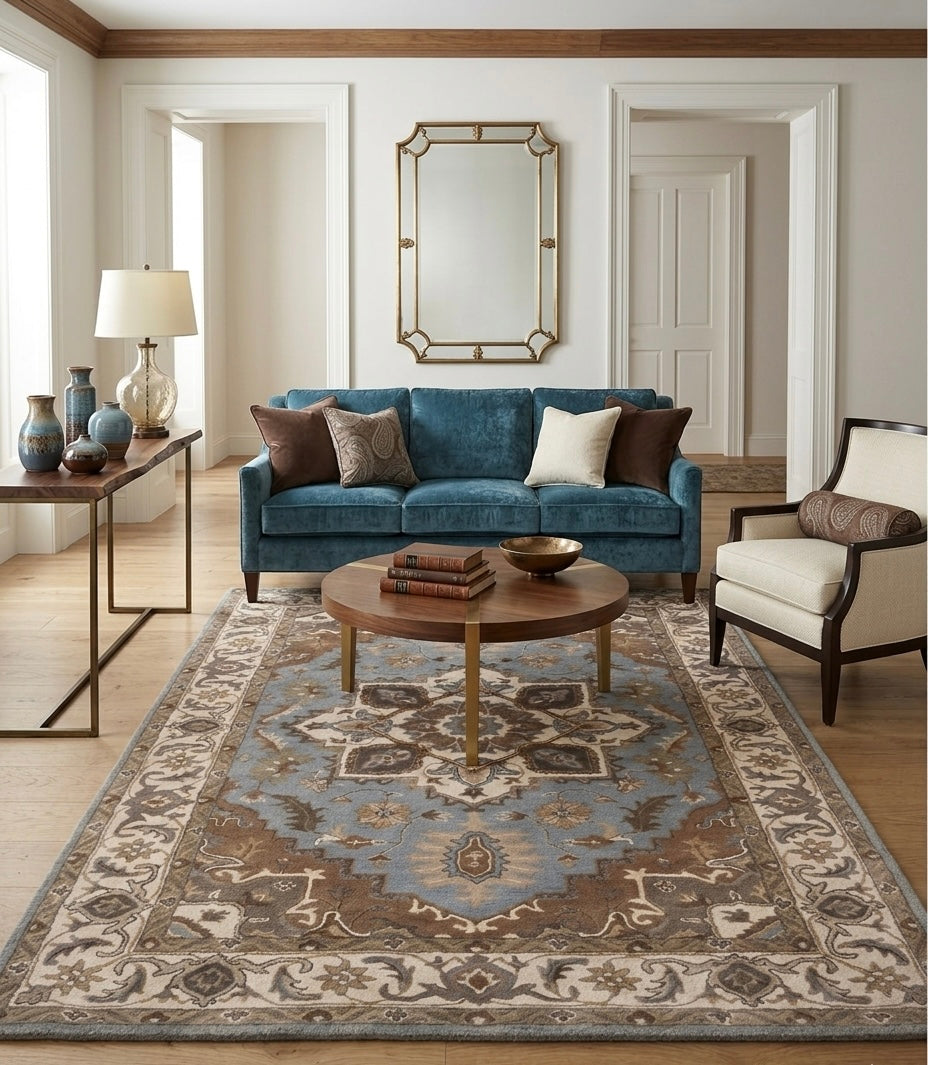 Hand-Tufted Traditional Medallion Area Rug in Slate Blue and Earth Tones