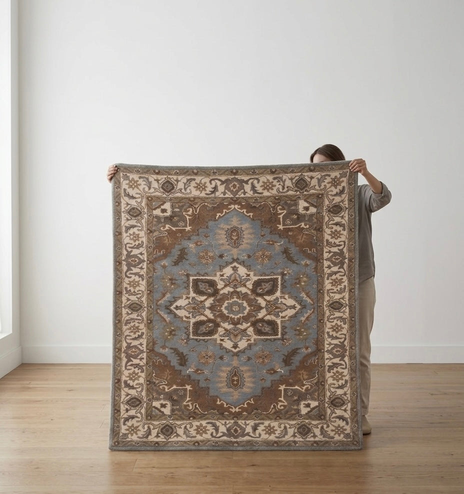 Hand-Tufted Traditional Medallion Area Rug in Slate Blue and Earth Tones