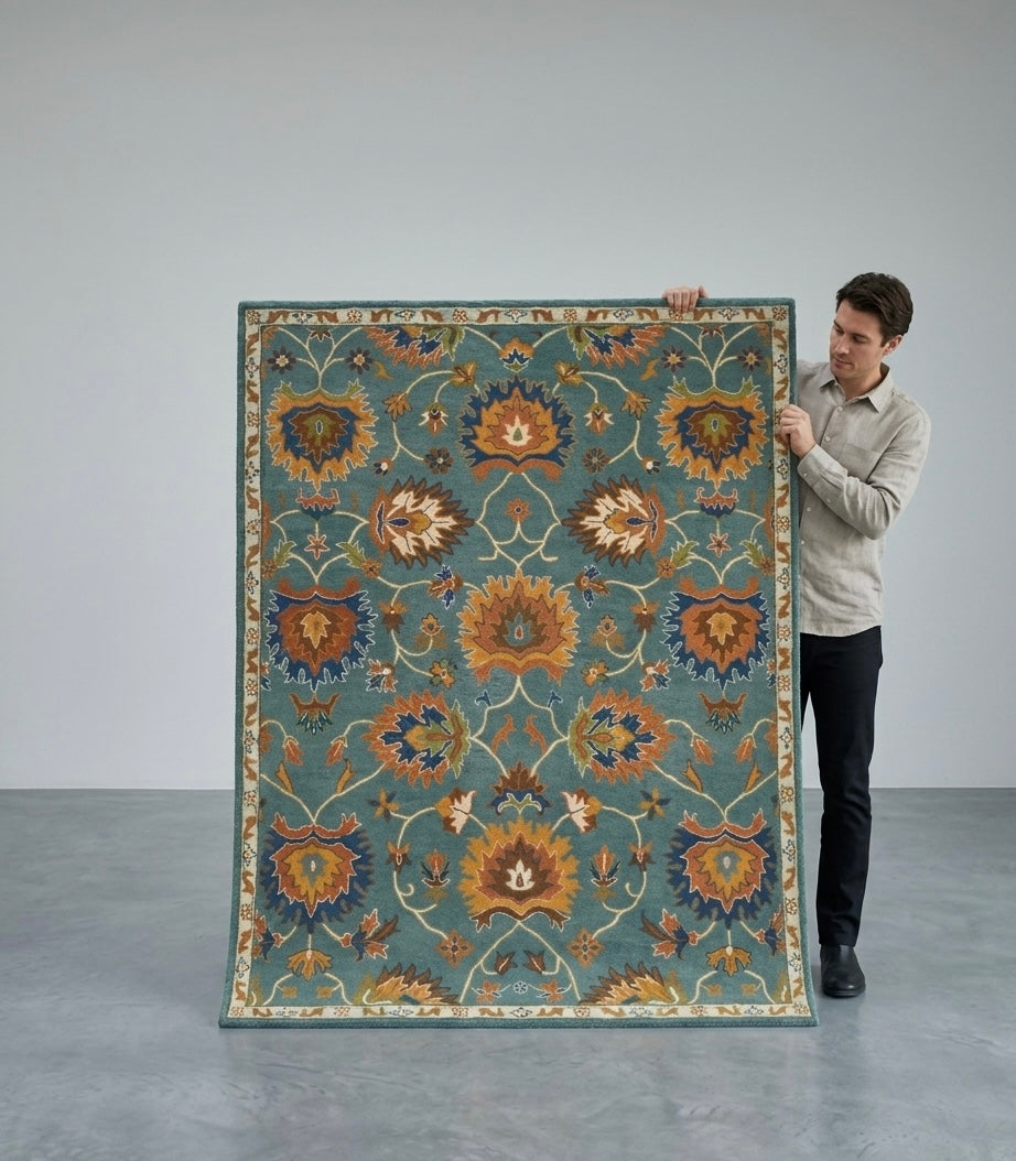 Vintage Elegance Hand-Tufted Floral Rug - Blue & Rust Accents