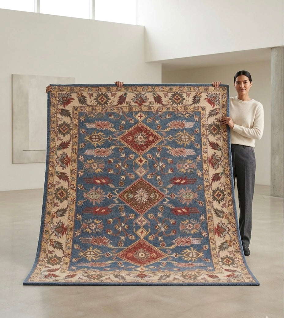 Hand-Tufted Serapi Style Blue & Terracotta Geometric Medallion Rug