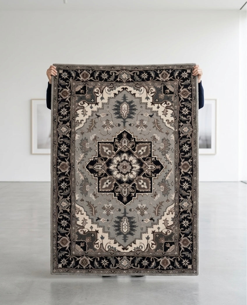 Hand-Tufted Modern Persian Medallion Rug in Grey and Charcoal