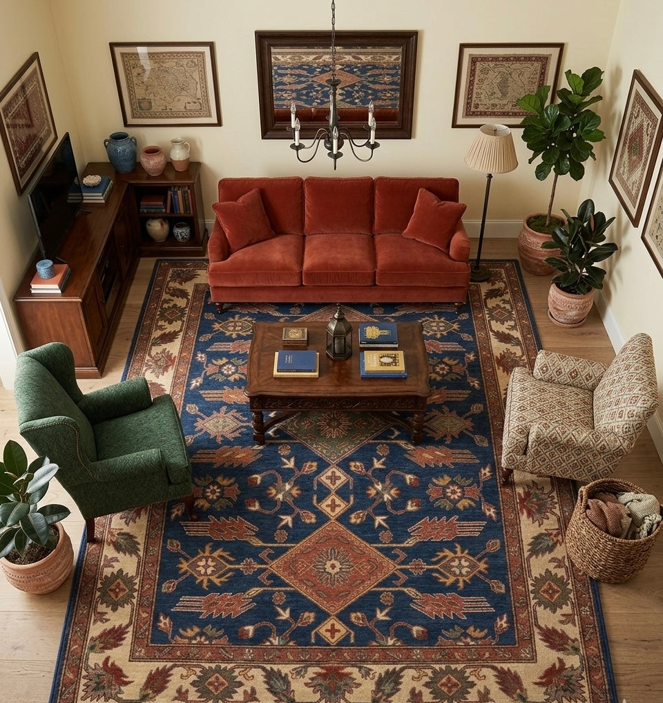 Premium Hand-Tufted Navy Blue & Rust Oushak Design Rug