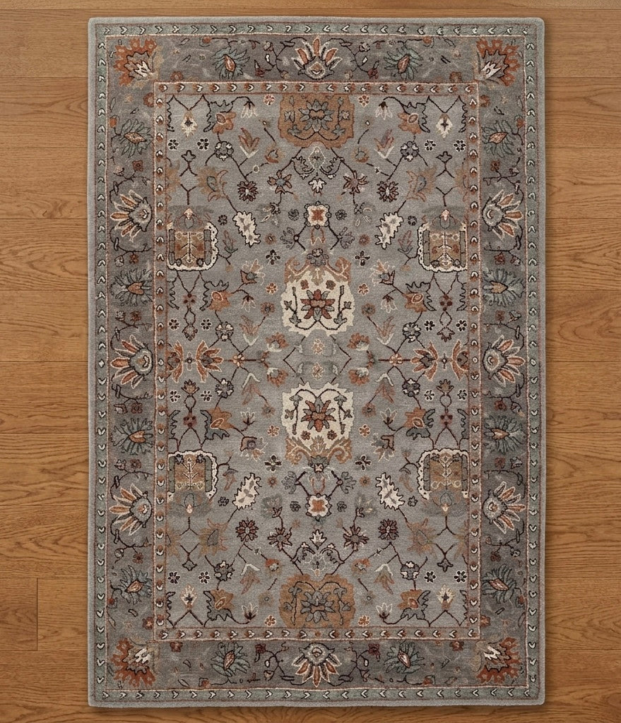 Hand-Tufted Elegant Floral Medallion Rug in Slate Grey and Earth Tones