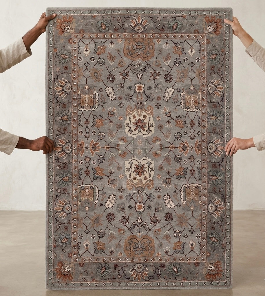 Hand-Tufted Elegant Floral Medallion Rug in Slate Grey and Earth Tones