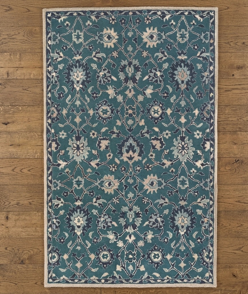 Premium Floral Handtufted Teal & Cream Wool Rug