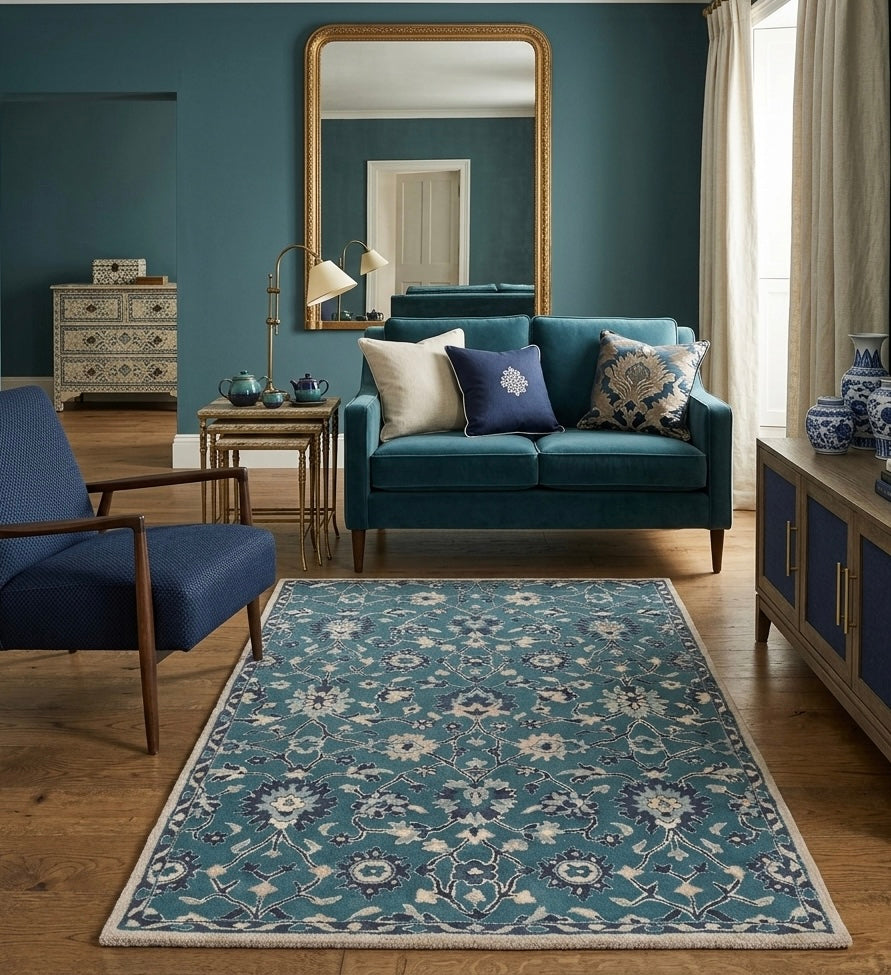 Premium Floral Handtufted Teal & Cream Wool Rug
