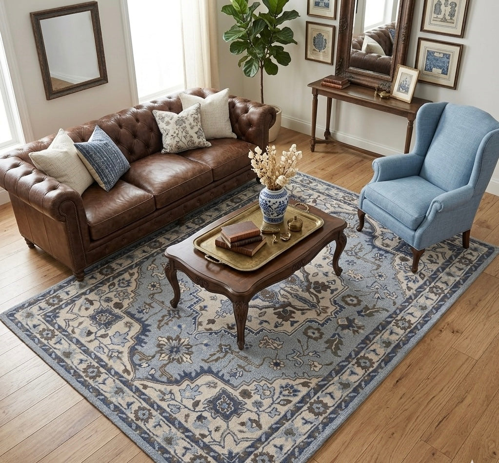 Artisanal Hand-tufted Floral Border Rug for Modern Interiors