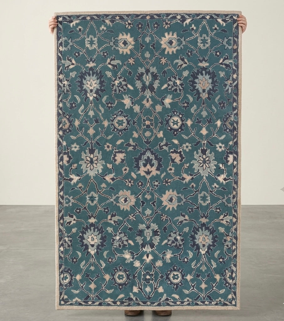 Premium Floral Handtufted Teal & Cream Wool Rug