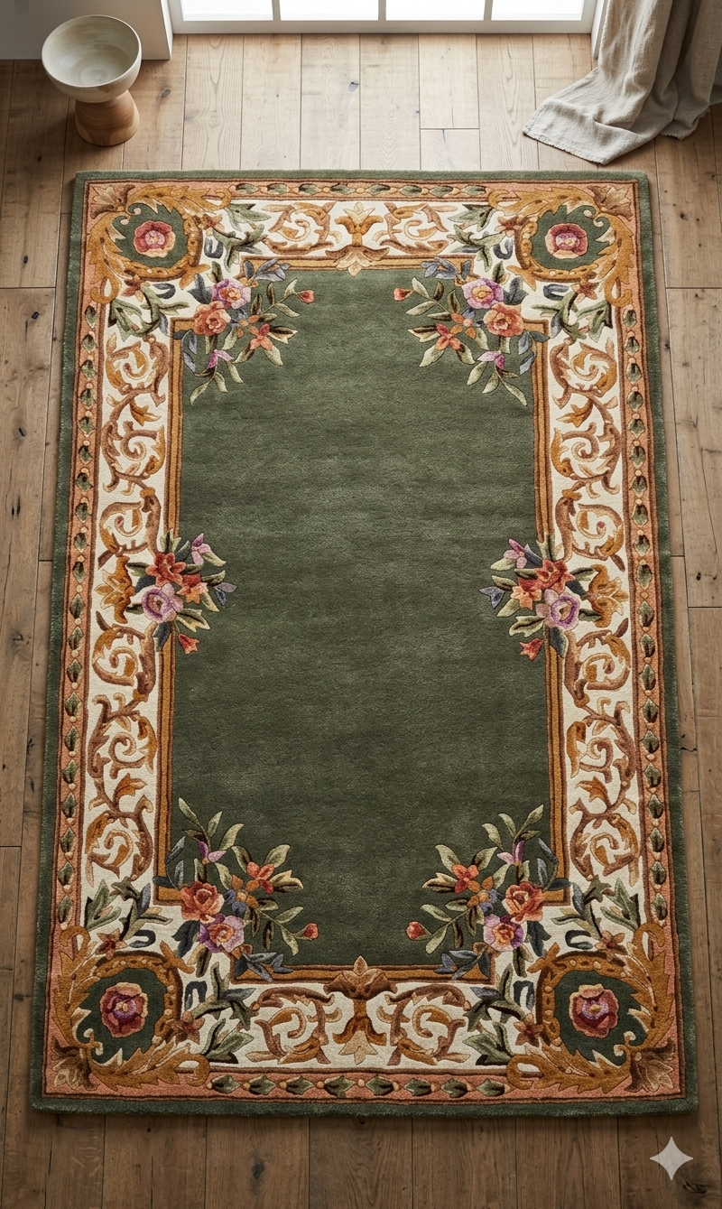 Premium Handtufted New Zealand Wool Rug with Ornate Botanical Border Premium Handtufted New Zealand Wool Rug with Ornate Botanical Border