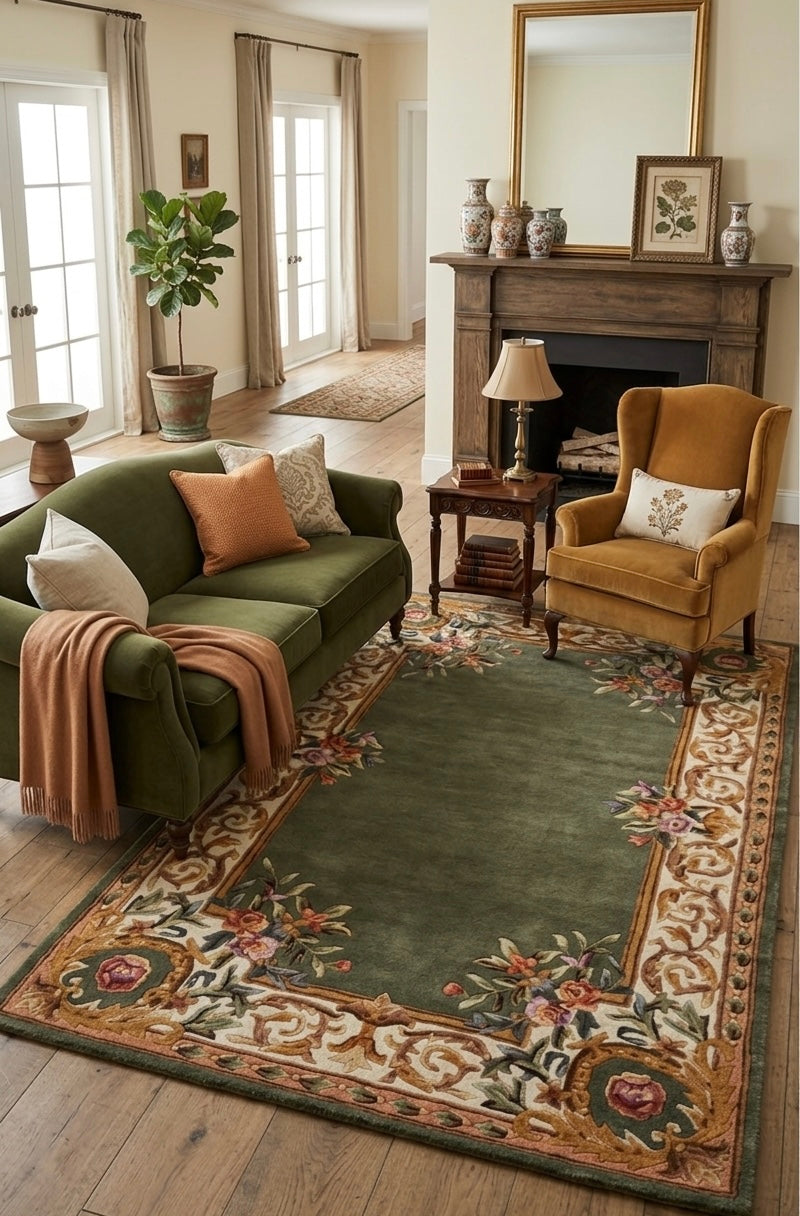 Premium Handtufted New Zealand Wool Rug with Ornate Botanical Border Premium Handtufted New Zealand Wool Rug with Ornate Botanical Border