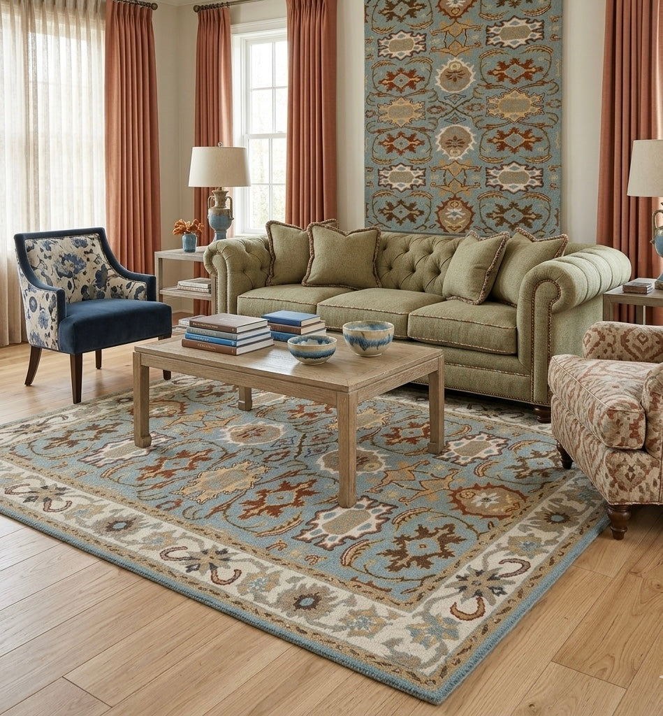 Artisanal Slate Blue and Earth Tone Hand-Tufted Area Rug
