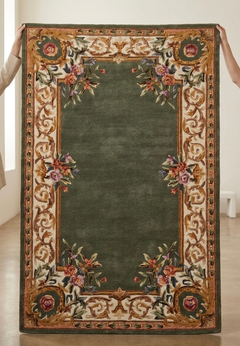 Premium Handtufted New Zealand Wool Rug with Ornate Botanical Border Premium Handtufted New Zealand Wool Rug with Ornate Botanical Border