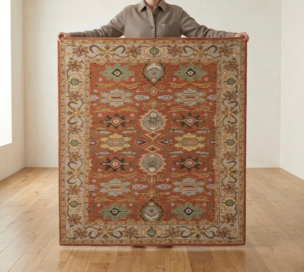 Terracotta & Sage Hand-Tufted Oushak Inspired Wool Rug