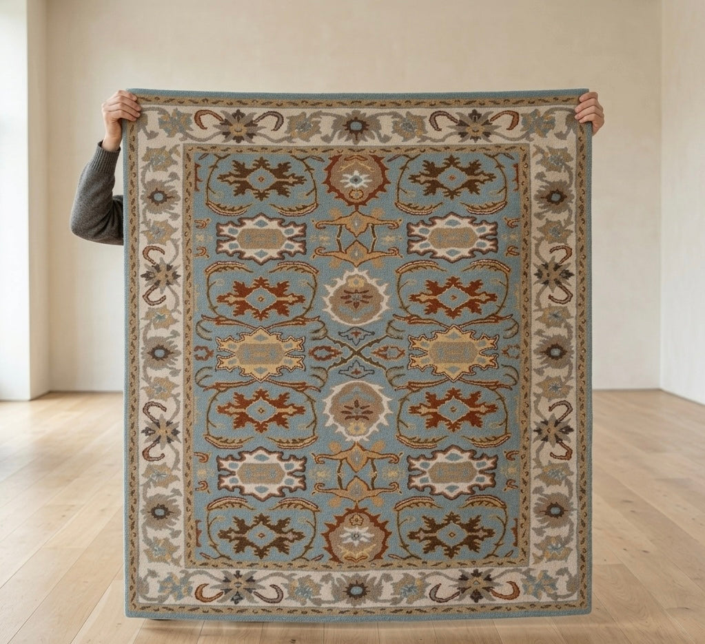 Artisanal Slate Blue and Earth Tone Hand-Tufted Area Rug
