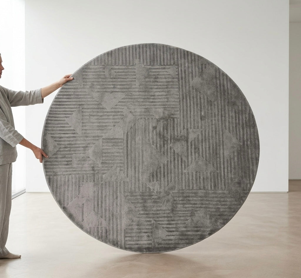Linear Gray Abstract Hand-tufted Round Wool Rug