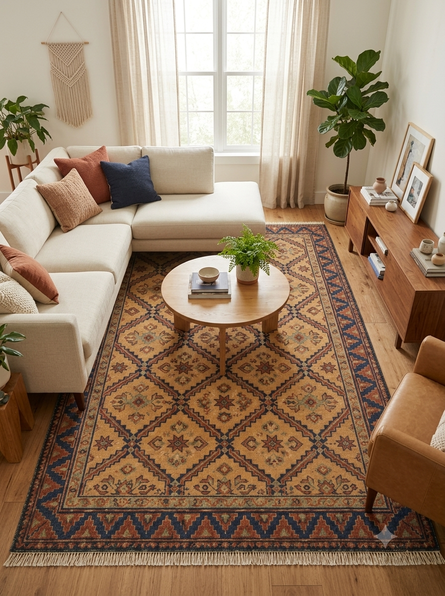 Hand-Knotted Wool Area Rug – Ochre Gold & Indigo Blue Geometric Diamond Lattice Rug