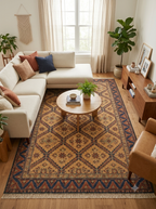 Hand-Knotted Wool Area Rug – Ochre Gold & Indigo Blue Geometric Diamond Lattice Rug