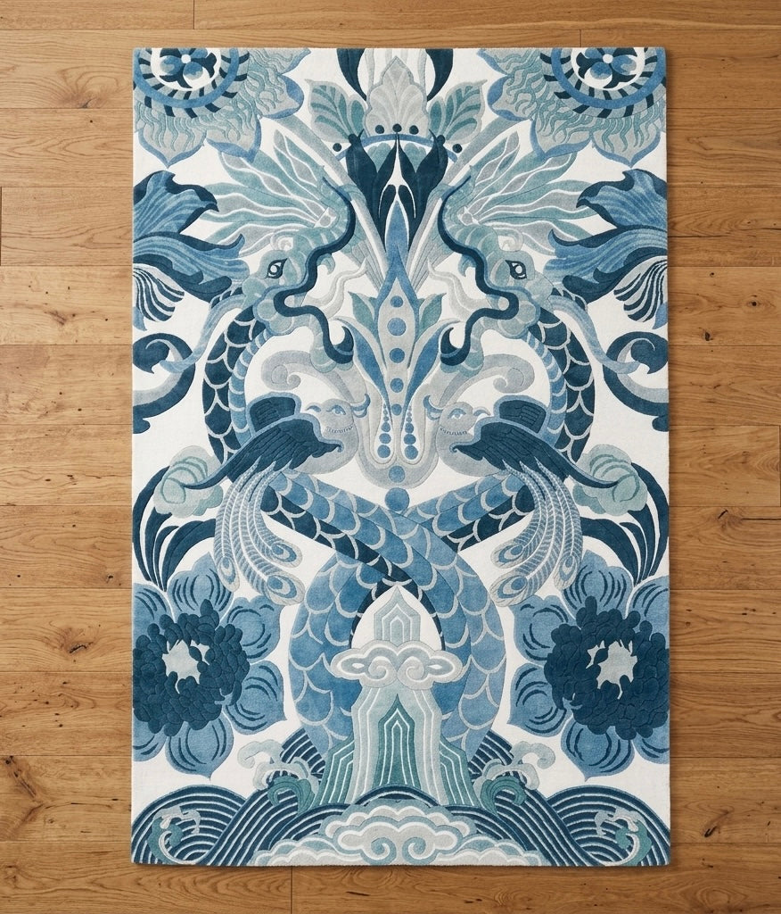 Hand-Tufted Azure Dragon-Bloom Statement Rug