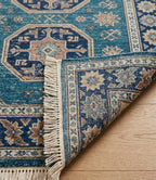 Hand-Knotted Wool Area Rug – Teal Blue & Beige Tribal Medallion Caucasian Kazak Rug
