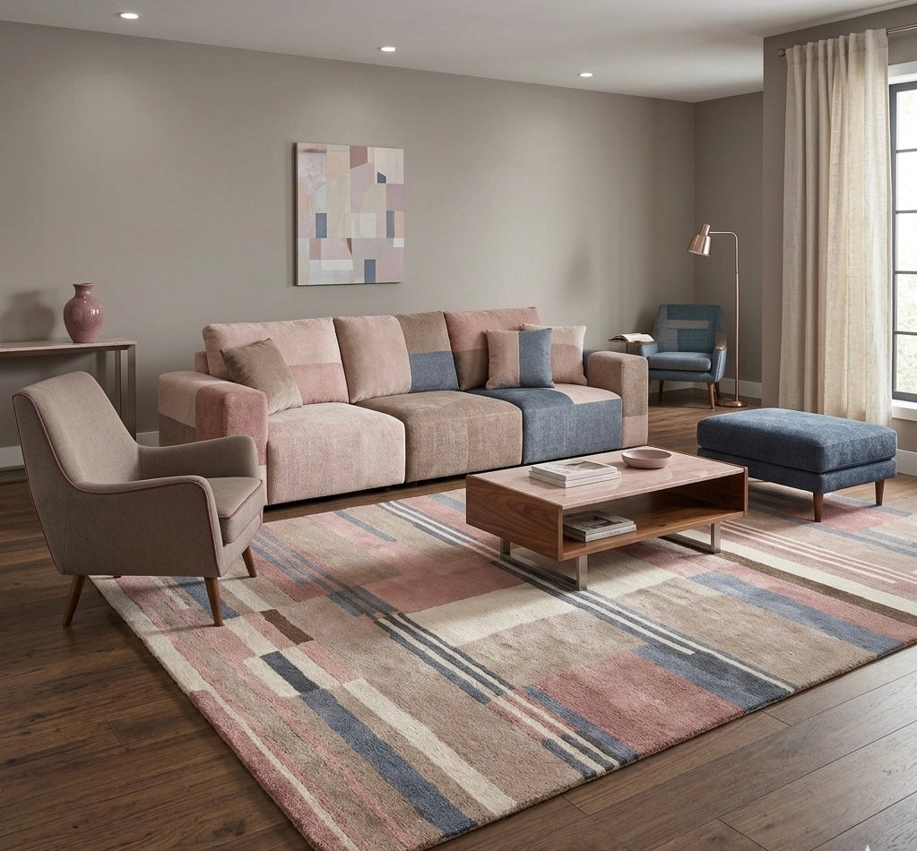 Contemporary Linear Block Pattern Hand-Tufted Wool Rug