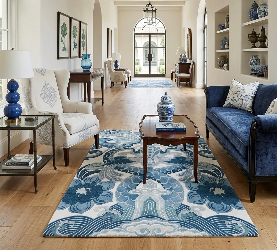Hand-Tufted Azure Dragon-Bloom Statement Rug