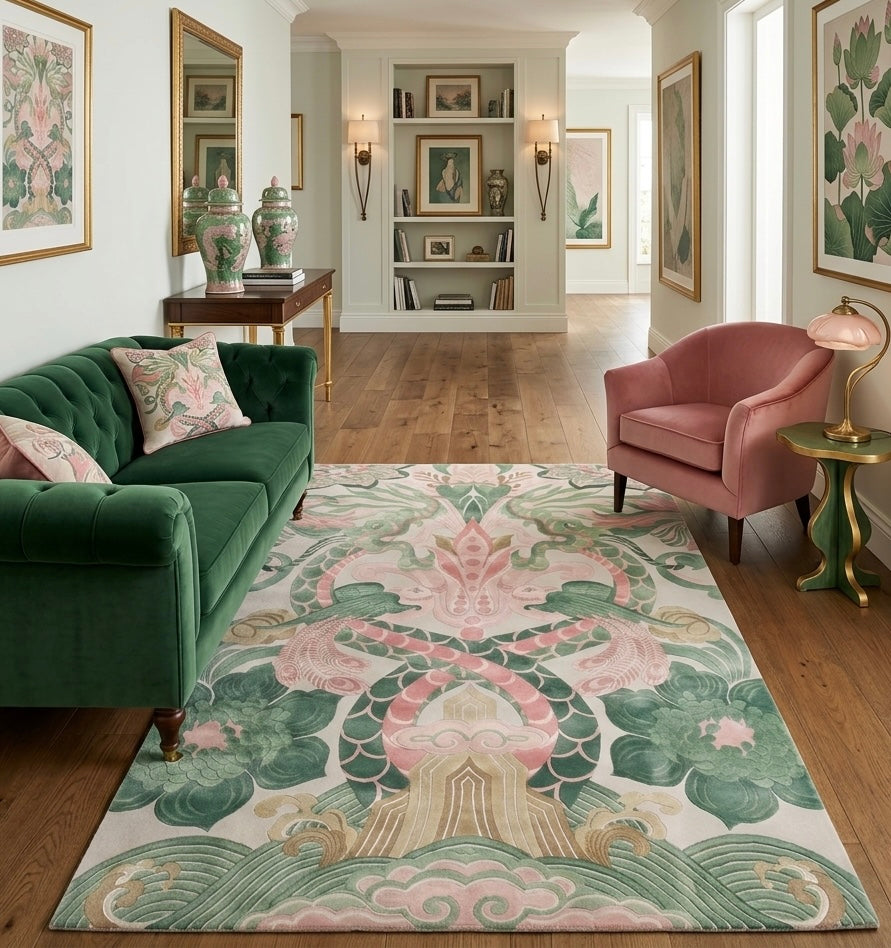 Hand-Tufted Azure Dragon-Bloom Statement Rug