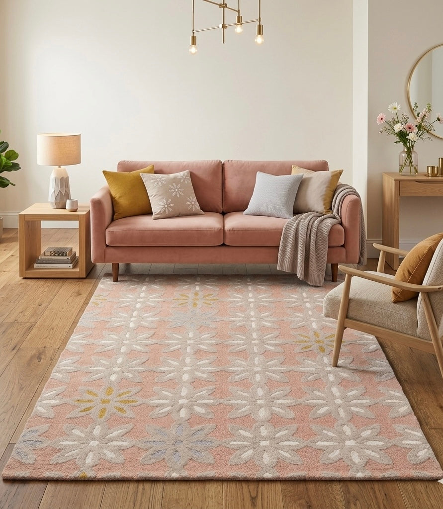 Modern Floral Hand-Tufted Rug in Dusty Rose and Sage