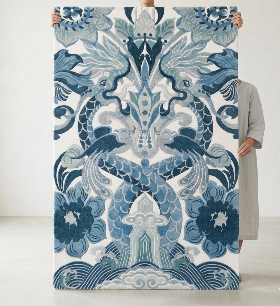 Hand-Tufted Azure Dragon-Bloom Statement Rug