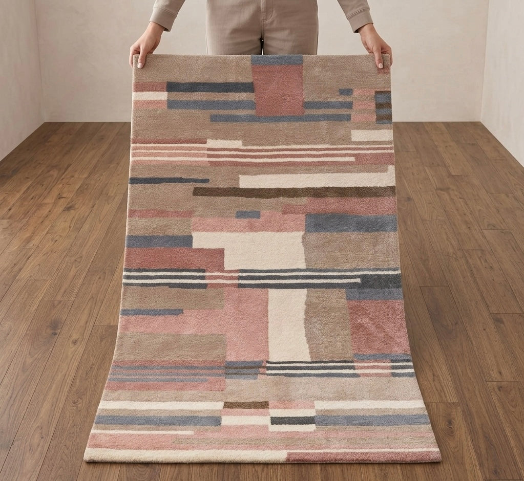 Contemporary Linear Block Pattern Hand-Tufted Wool Rug
